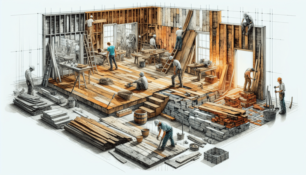 a construction site with various reclaimed building materials