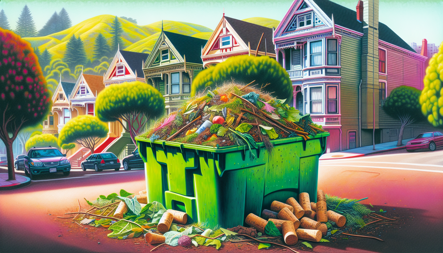 Illustration of a green composting bin with natural materials inside