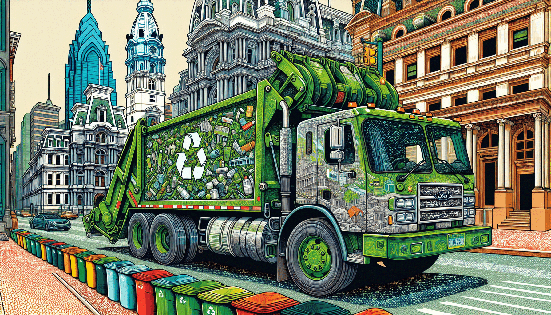Illustration of a waste management truck in Philadelphia